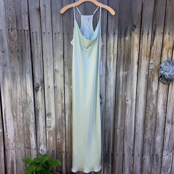 slim fit dress slacks LESSLESS – Open-Back Slip Silk Dress in Sorbet Green L main image 0